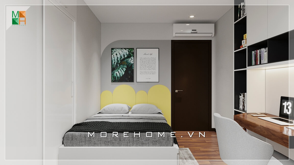 Mẫu giường sofa bọc vải khung gỗ hiện đại bố trí rất phù hợp với không phòng ngủ nhỏ chung cư, nhà phố. Thiết kế phòng ngủ chung cư